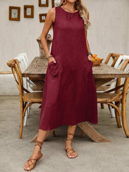 Pullover Crew Neck Sleeveless Pocket Solid Color Midi Dresses