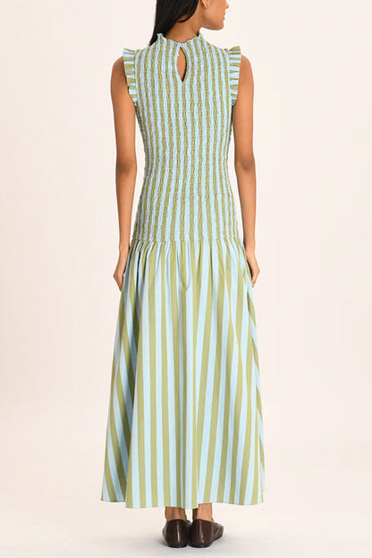 High Neck Sleeveless Smocked Bodice Striped Midi Dress