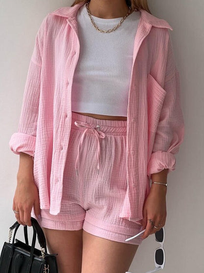 Long-sleeved Shirt And High-waisted Drawstring Shorts Casual Two-piece Set