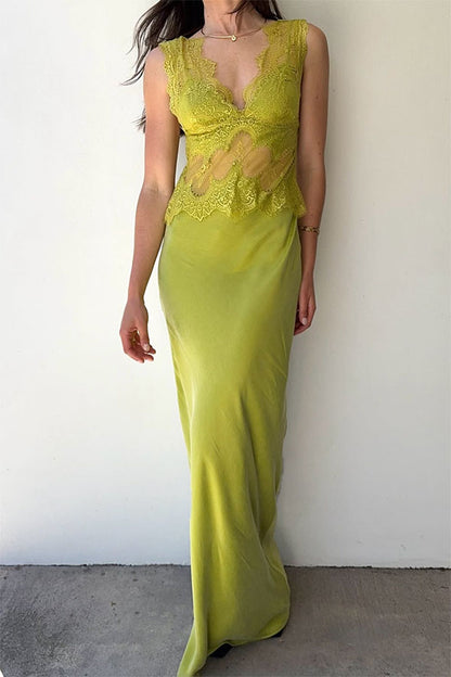 Effortless Elegance Satin Sheer Lace Patchwork V-neck Drape Maxi Dress