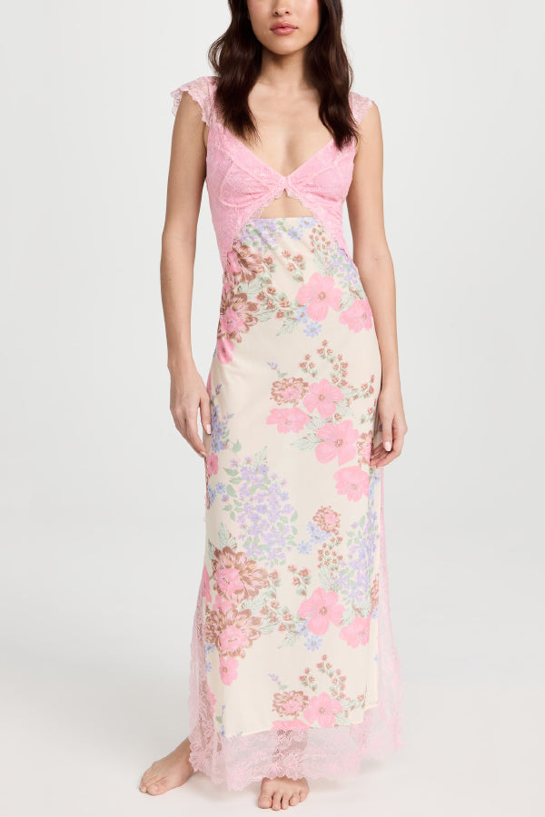 Floral Print Lace Patchwork Hollow-out Slim-fit Midi Dress