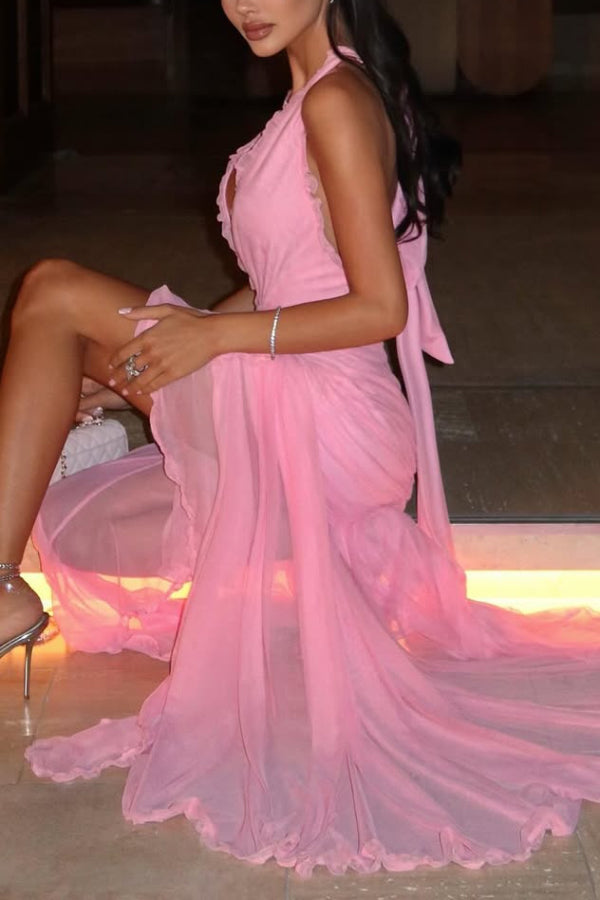 Elegant V-neck Sleeveless Pleated Ribbon Mesh Hem Maxi Dress