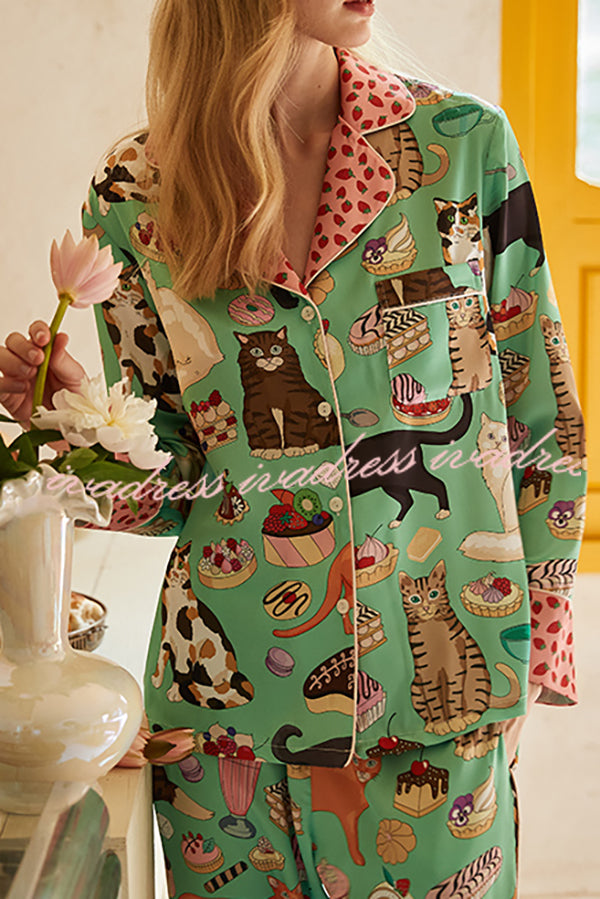 Coffee Cat Print Home Long Sleeve Two Piece Set