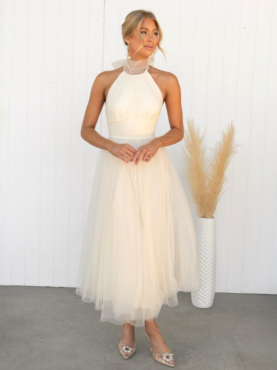 Tulle Midi Dress Halter Pleated Empire Waist Open Back Elegant Prom Dresses