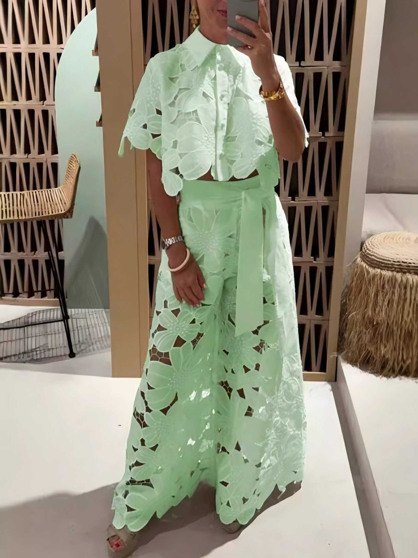 Exquisite Floral Embroidered Hollow Lace Wide-Leg Pants