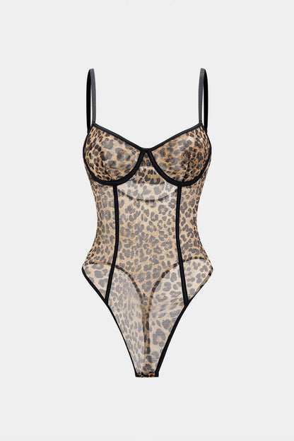 Leopard Print Mesh Bustier Sleeveless Bodysuit