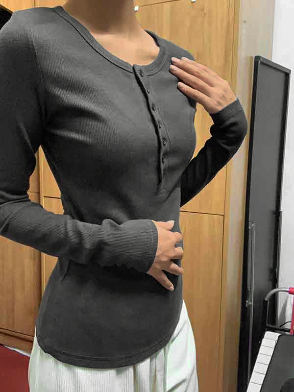 Solid Color Ribbed Button Slim Long Sleeve Knit