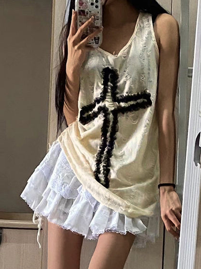 Tattered Cross Embellished Loose Cami Top