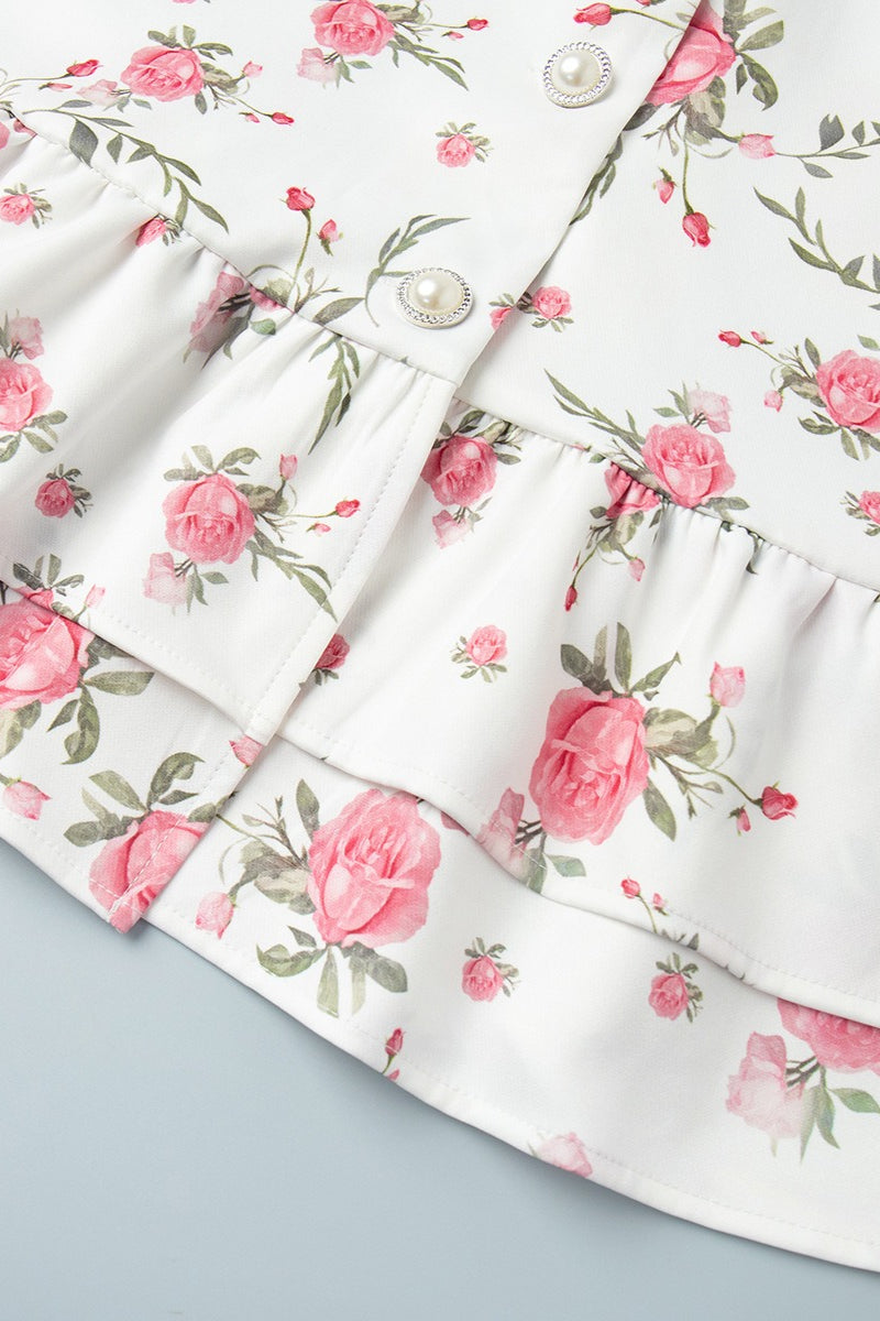Floral Print Oversized Pointed Collar Puff Sleeve Button Front Tiered Mini Dress