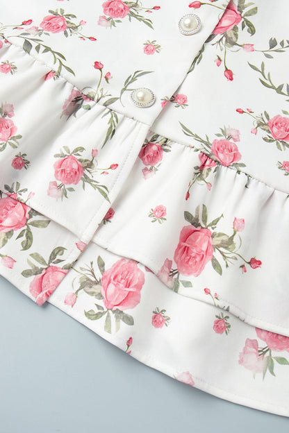Floral Print Oversized Pointed Collar Puff Sleeve Button Front Tiered Mini Dress
