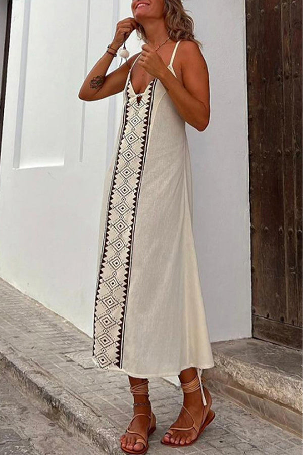 Tribal Geometric Panel Plunge V-Neck Spaghetti Strap Midi Dress