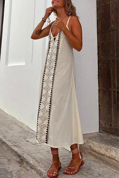 Tribal Geometric Panel Plunge V-Neck Spaghetti Strap Midi Dress