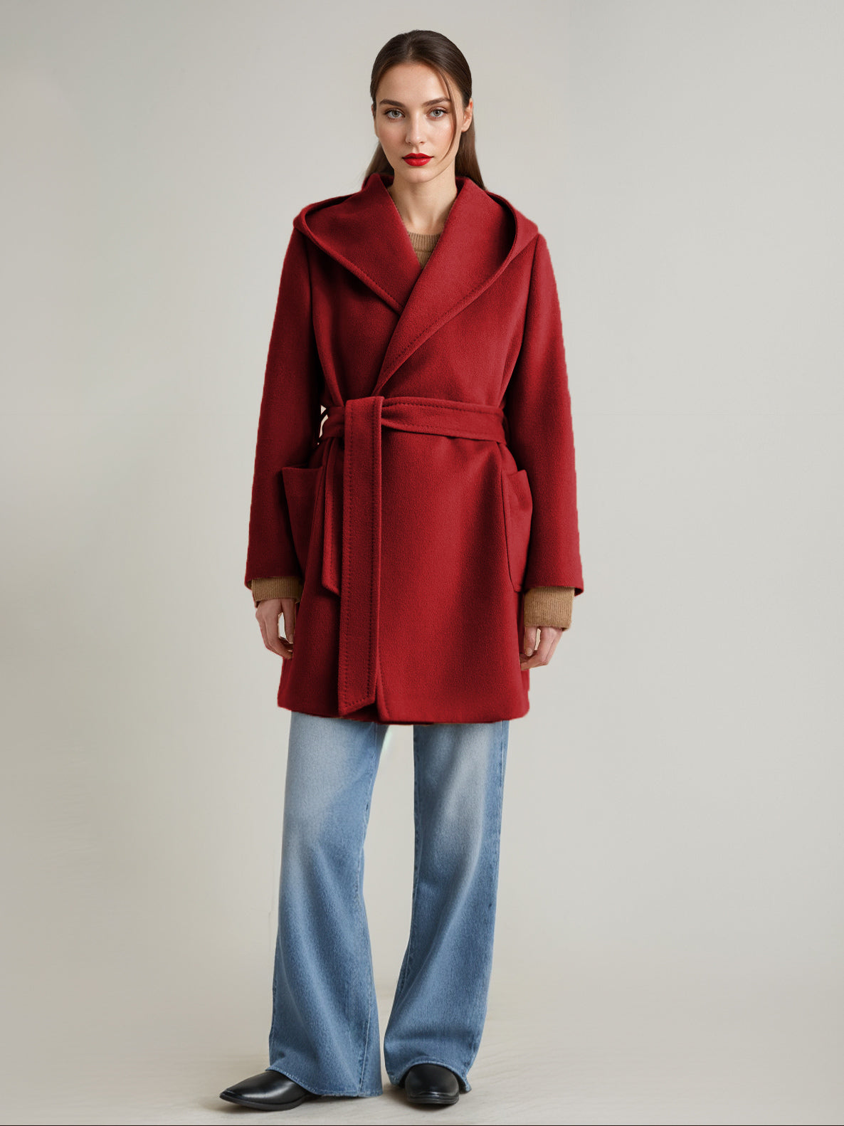 Wool Cashmere Blend Coat With Hood Camel Belted Double-Faced Short Wrap Coat For Women 2026