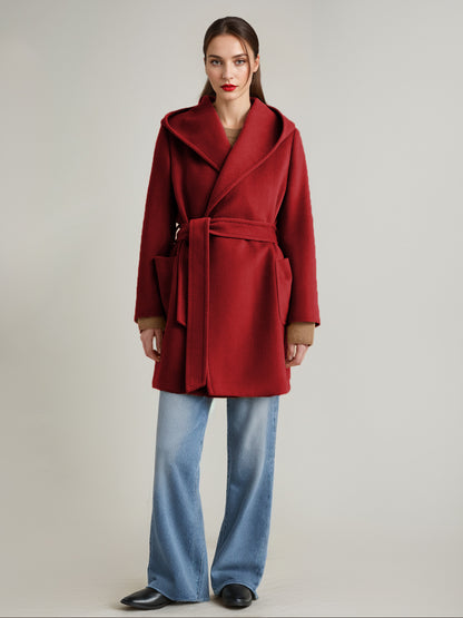 Wool Cashmere Blend Coat With Hood Camel Belted Double-Faced Short Wrap Coat For Women 2026