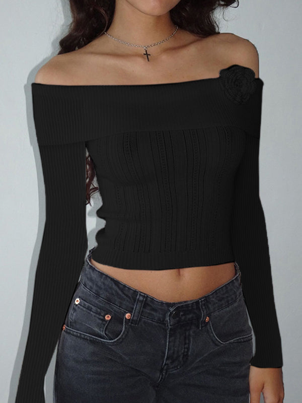 Solid Flower Decor Off Shoulder Sweater