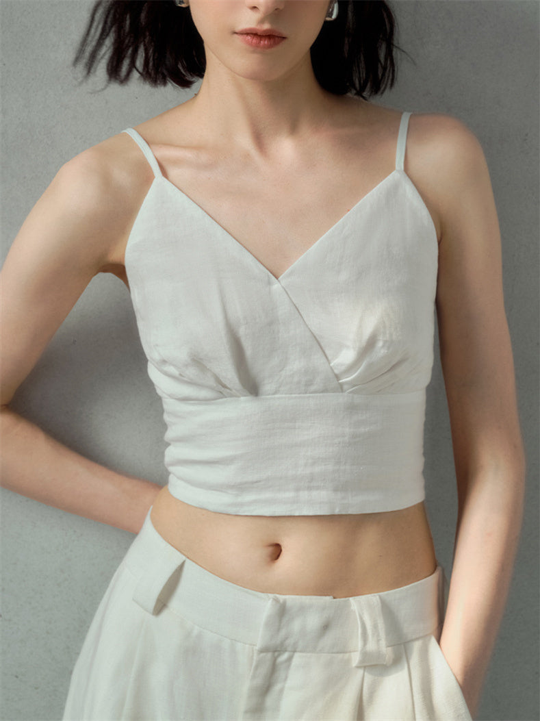 Solid Color Linen Off-shoulder Vacation Style Vest