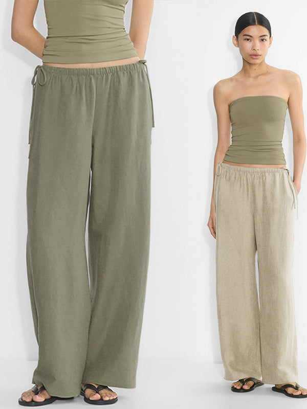 Linen Solid Color Crisscross Strap Non-stretch Loose Trousers