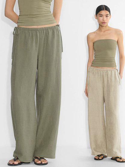 Linen Solid Color Crisscross Strap Non-stretch Loose Trousers