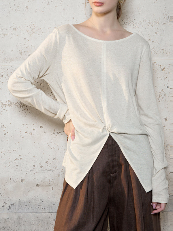 Linen Solid Color Long-sleeved Split Mesh See-through Top