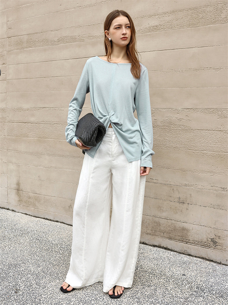 Linen Solid Color Long-sleeved Split Mesh See-through Top