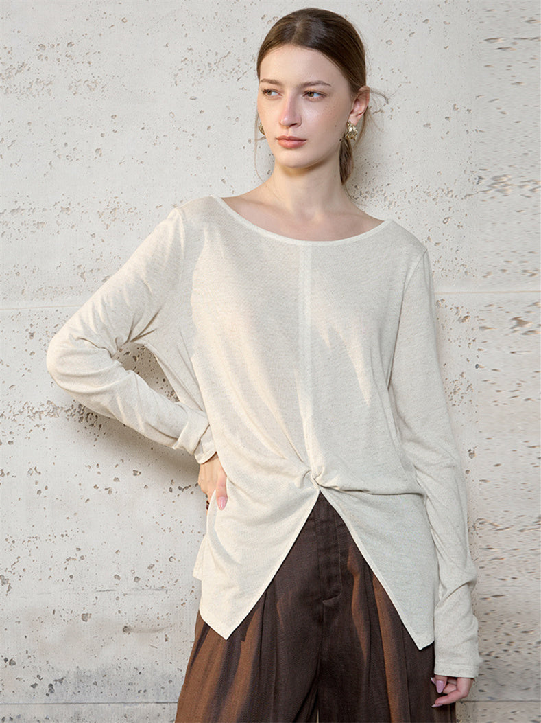 Linen Solid Color Long-sleeved Split Mesh See-through Top