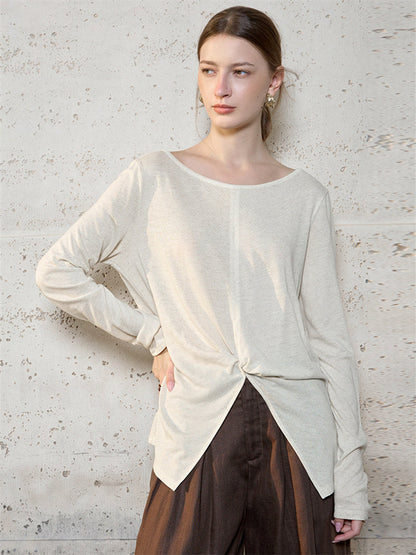 Linen Solid Color Long-sleeved Split Mesh See-through Top