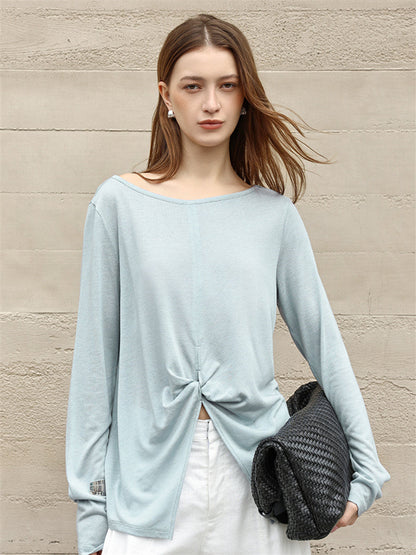 Linen Solid Color Long-sleeved Split Mesh See-through Top