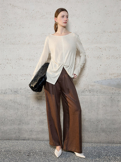 Linen Solid Color Long-sleeved Split Mesh See-through Top