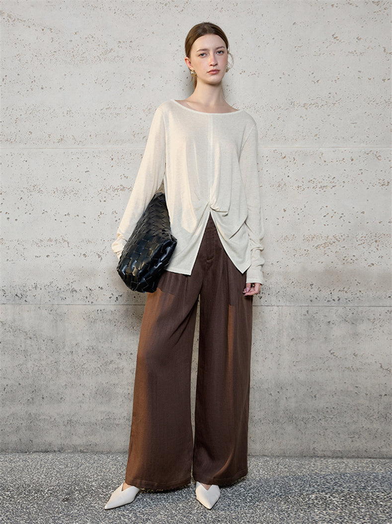 Linen Solid Color Long-sleeved Split Mesh See-through Top