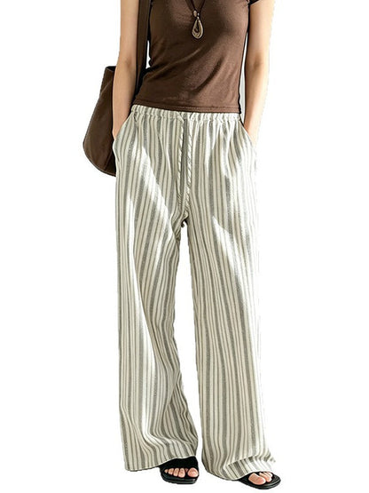 Breathable Linen Blend Retro Striped Floor-length Wide-leg Pants