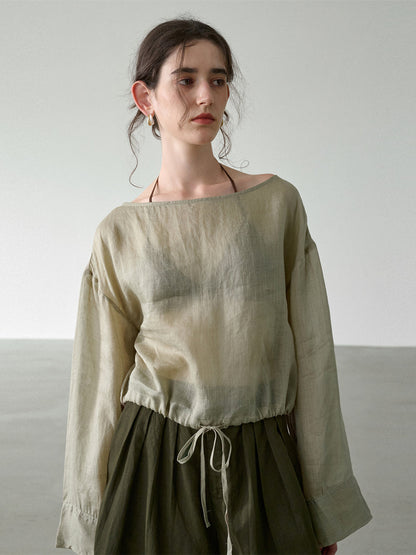Solid Color Linen Sheer Long-sleeved Layered Chiffon Blouse