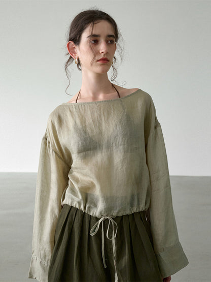 Solid Color Linen Sheer Long-sleeved Layered Chiffon Blouse