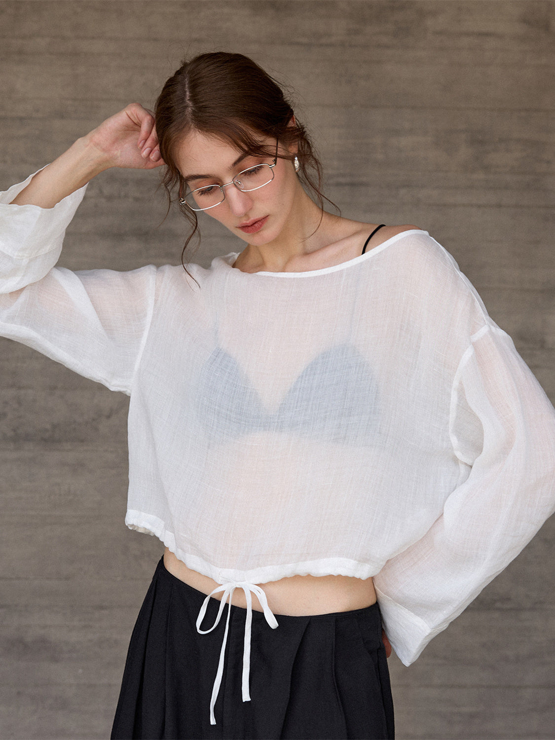 Solid Color Linen Sheer Long-sleeved Layered Chiffon Blouse