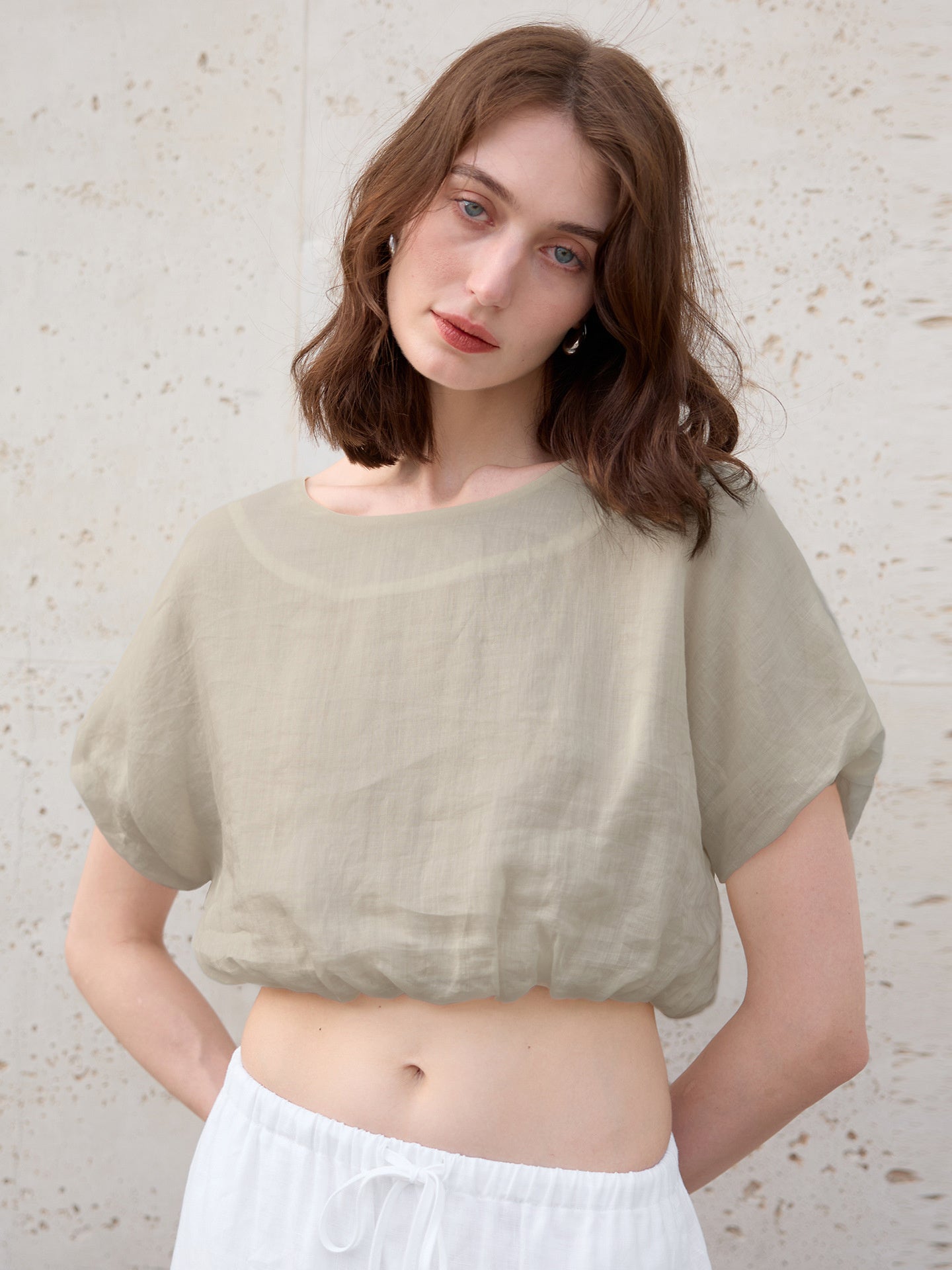 Linen Solid Color Short-sleeved Cropped Mesh See-through Top