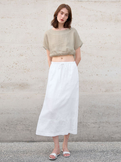 Linen Solid Color Short-sleeved Cropped Mesh See-through Top