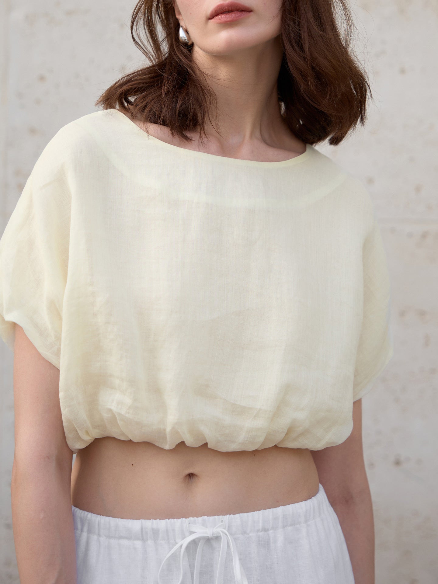 Linen Solid Color Short-sleeved Cropped Mesh See-through Top