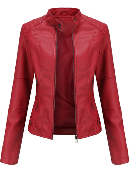 Street Cool Thin Stand Collar Zipper Leather Jacket