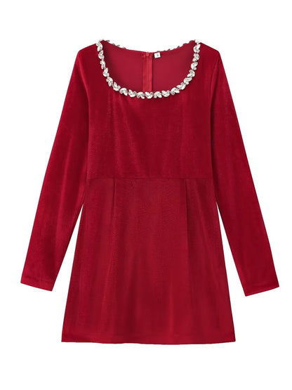 Square Collar Long Sleeve Diamond Velvet Mini&Short Dresses