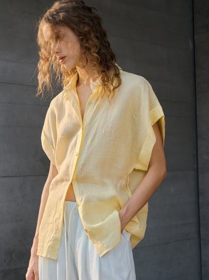 Breathable Ramie Basic Solid Color Short-sleeved Shirt