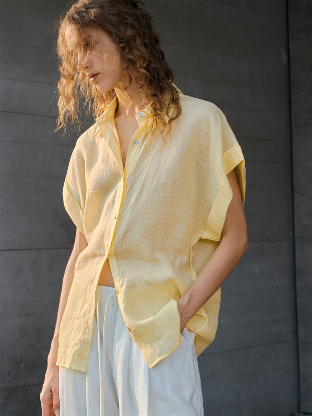Breathable Ramie Basic Solid Color Short-sleeved Shirt