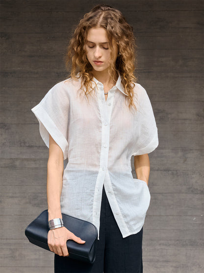 Breathable Ramie Basic Solid Color Short-sleeved Shirt