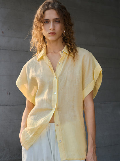 Breathable Ramie Basic Solid Color Short-sleeved Shirt