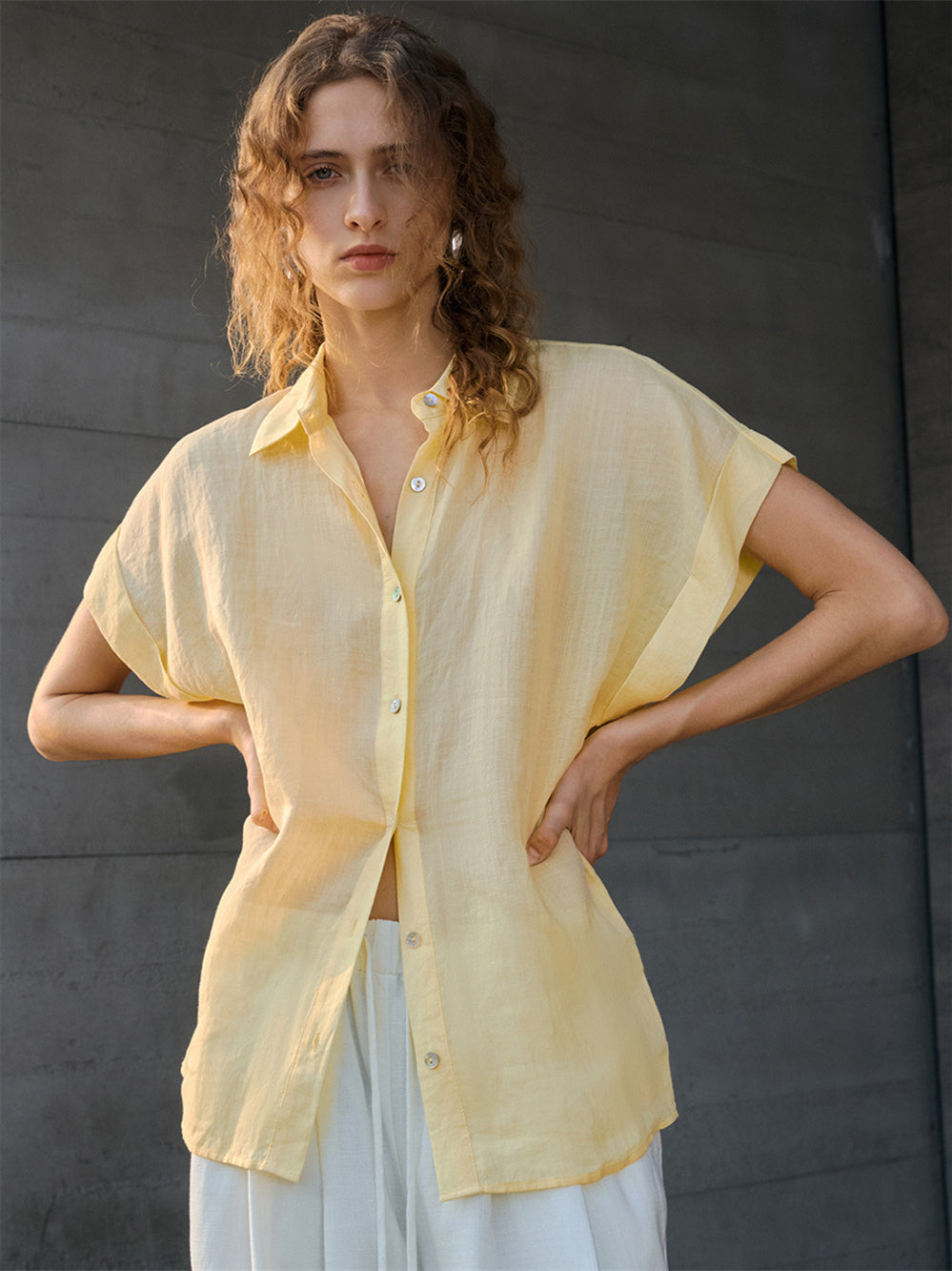 Breathable Ramie Basic Solid Color Short-sleeved Shirt