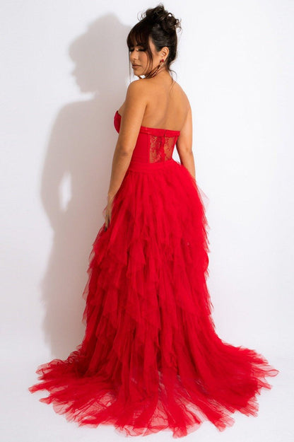 Lace Corset Sweetheart Strapless Tiered Tulle High Slit Maxi Skirt Set