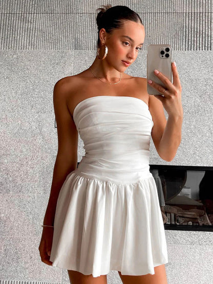 Pleated Skater Dresses Sleeveless Ruffles Sexy Flared Mini Dress