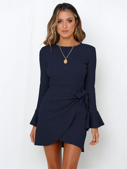 Simple Long Sleeves Skinny Tied Falbala Solid Color Round-Neck Mini Dresses