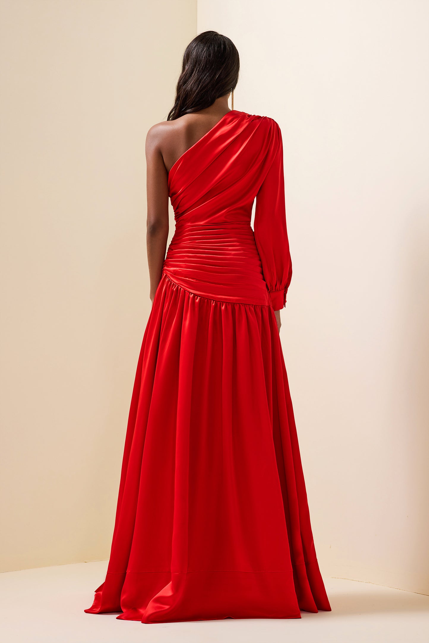 Satin Pleat One-Shoulder Long Sleeve Maxi Dress
