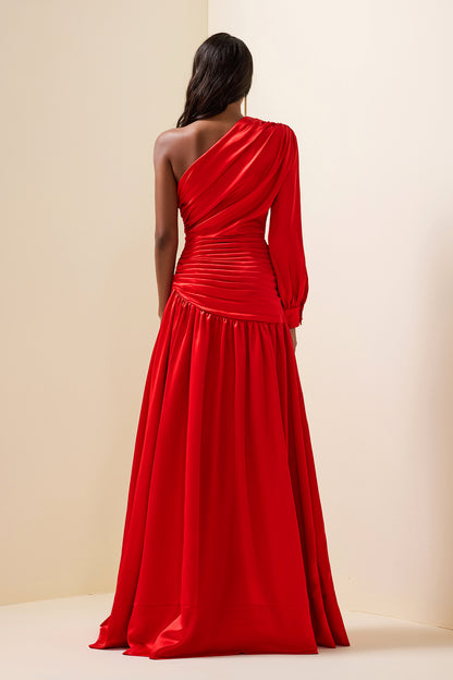 Satin Pleat One-Shoulder Long Sleeve Maxi Dress