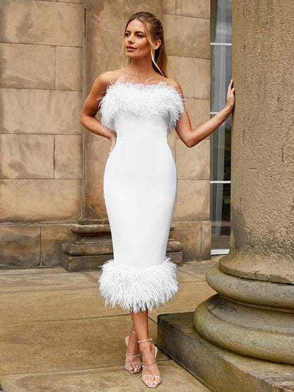 Feather Trim Midi Dress Off The Shoulder Backless Prom Birthday Party Dresses