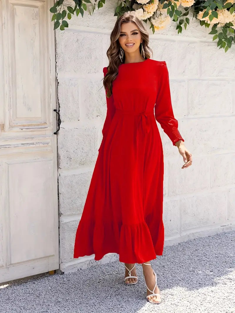 Crew Neck Smocked Cuff Tie-Waist Ruffle Hem Maxi Dress